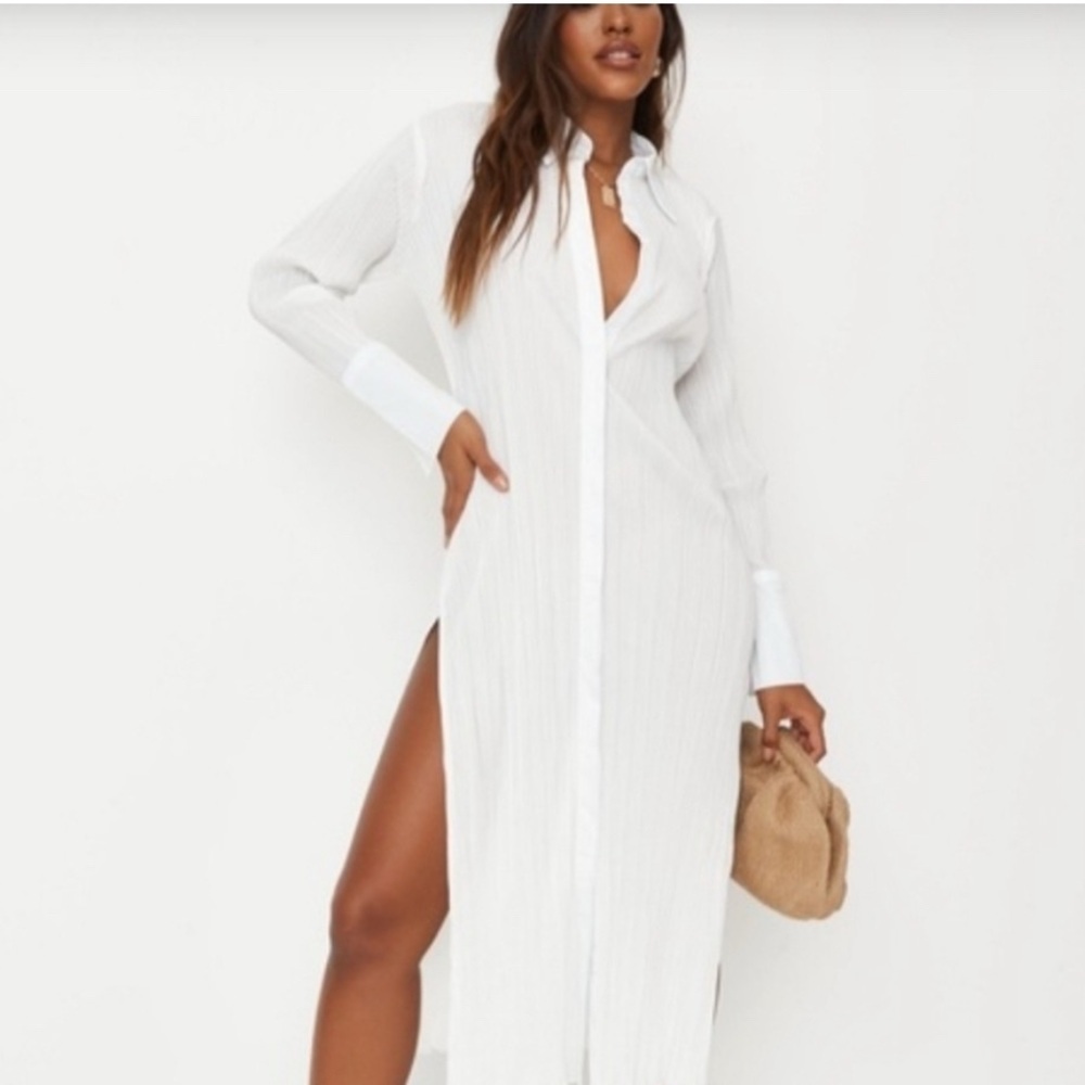 Missguided Plisse White Maxi Longline Button Front Dress Size 4